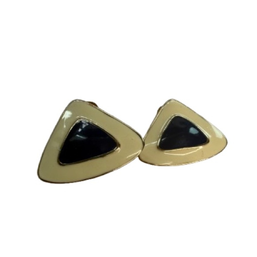 Vintage 80s Clip-on Earrings Blue Cream Enamel Gold Tone Modern
